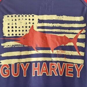 Guy Harvey Men's L Raglan Sleeve Red Blue Patriotic Shirt Flag Fish